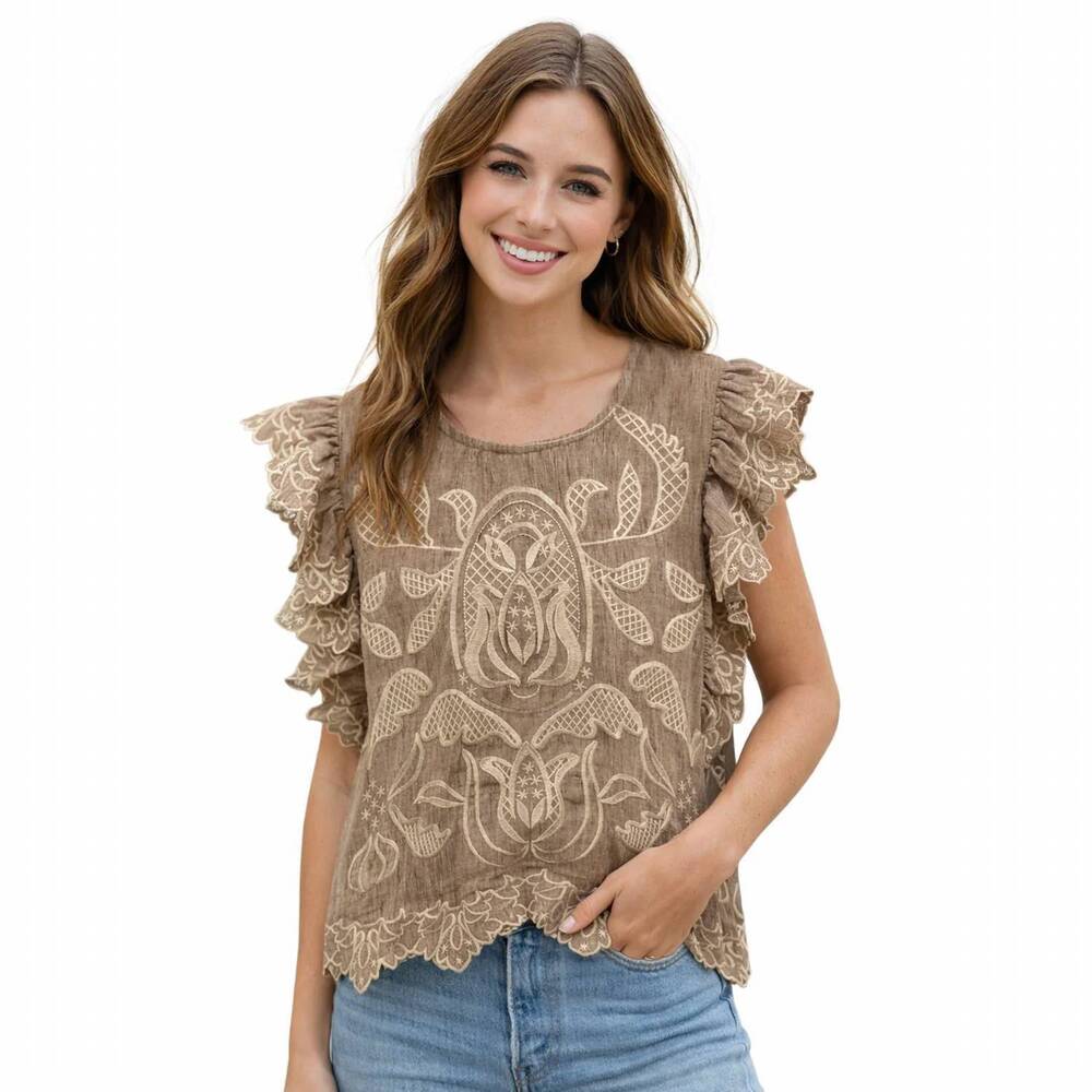NEW THML flutter sleeve embroidery detail top in tan